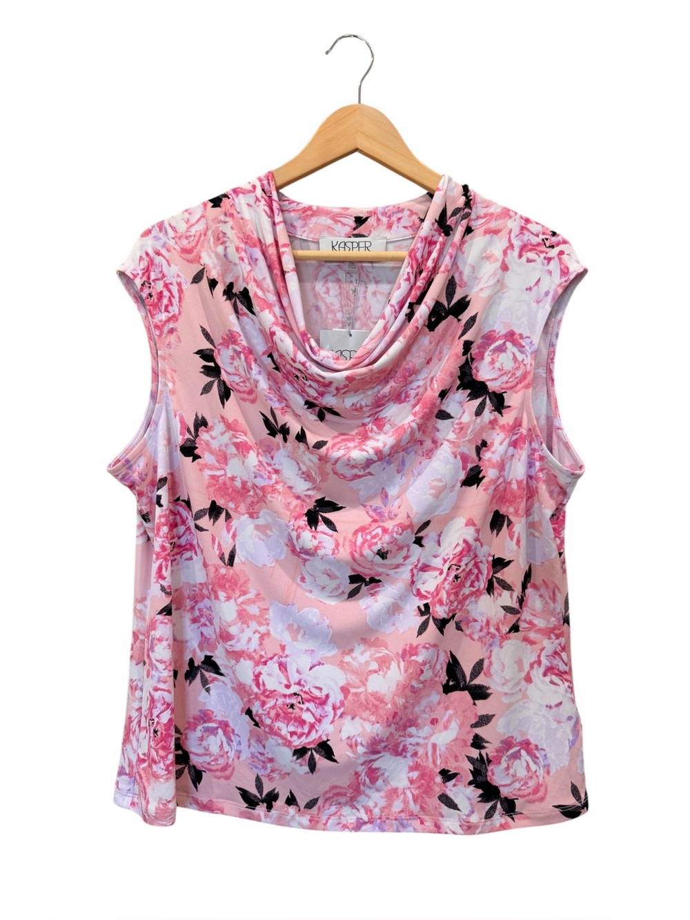 Kasper Floral Cowl Neck Top Cap Sleeve Shell Stretch Knit Pink Petite PXL NWT
